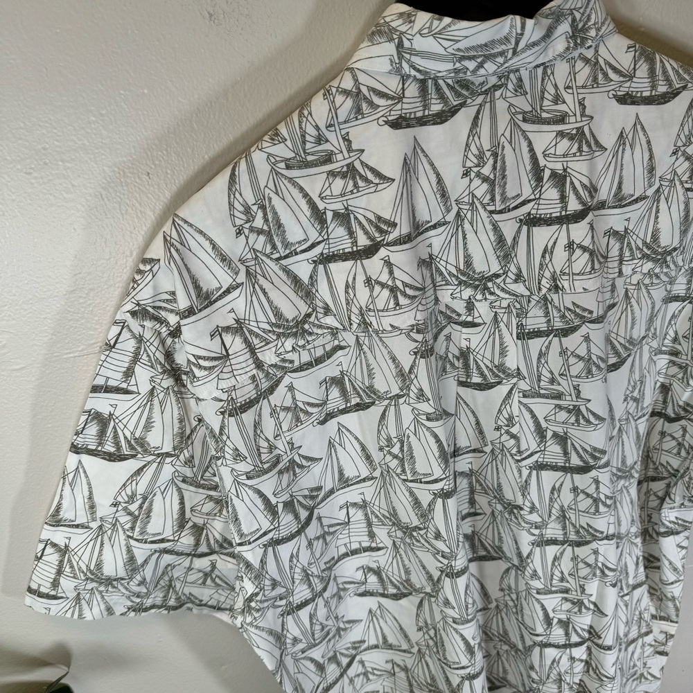 vintage men sailboat print buttondown shirt white gray nautical 100%cotton large - Picture 9 of 13